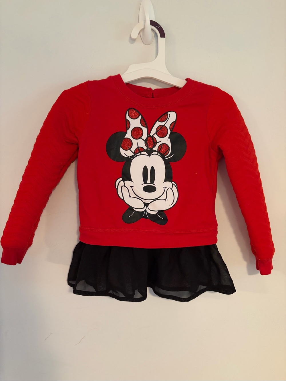 Disney Red Minnie Mouse Girls' Long Sleeve Top with Black Skirt Detail